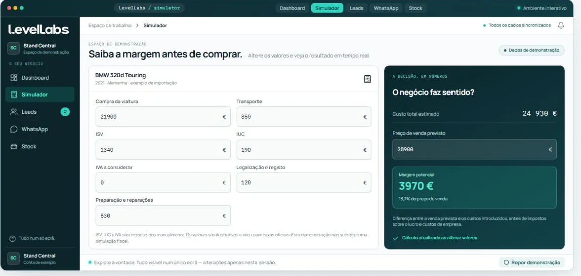 Vista ilustrativa de Simulador de importação no LevelLabs, com dados fictícios